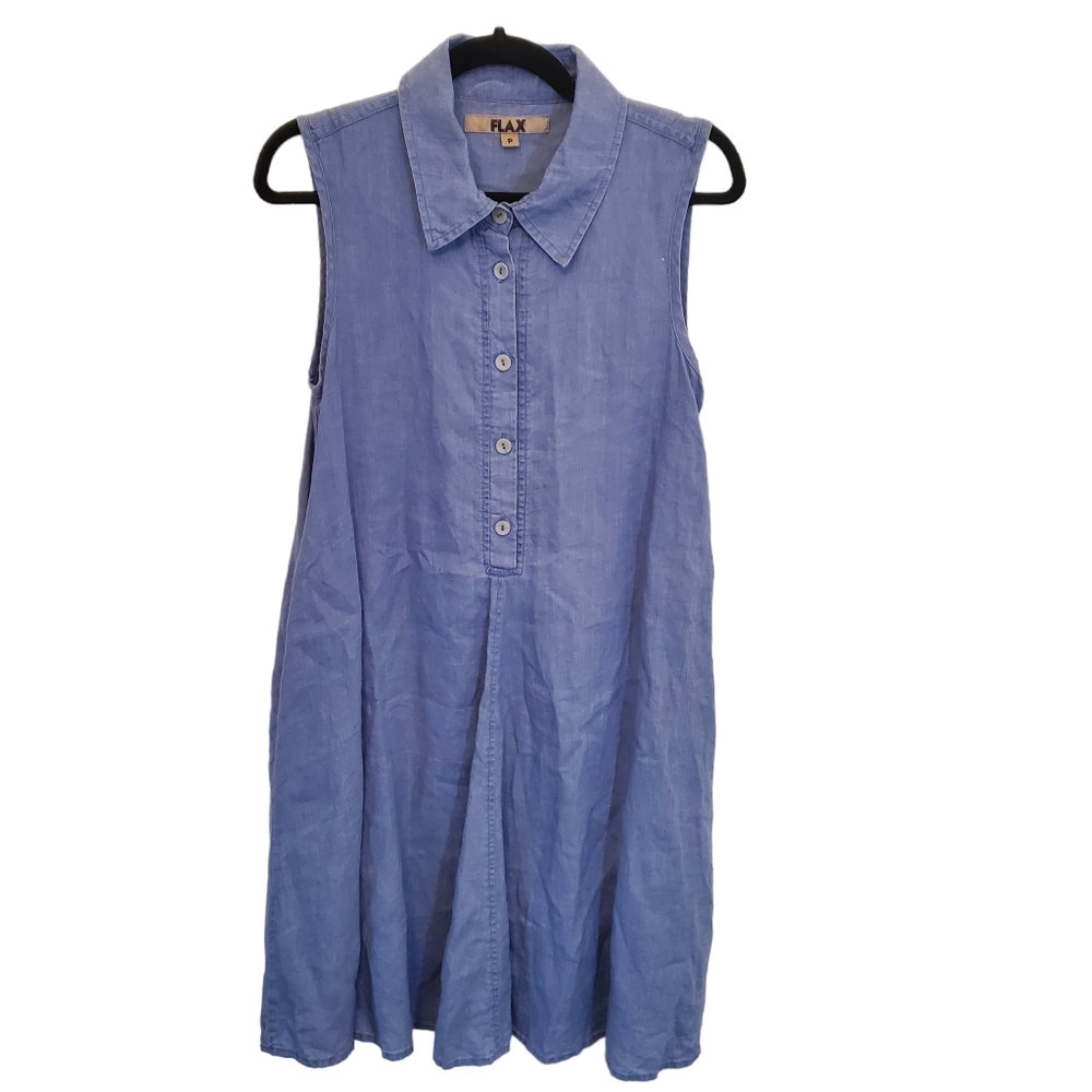 FLAX Size P 100% Linen Collar Denim Sleeveless Dress Pockets